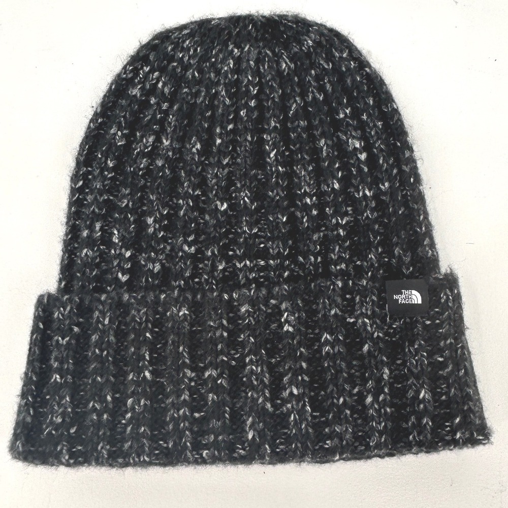 The North Face Marled Black White Chunky Ribbed Knit Cuffed Beanie Hat